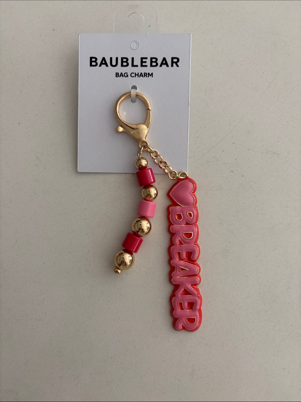 BaubleBar Pink and Gold 'Heart BREAKER' Beaded Bag Charm Keychain